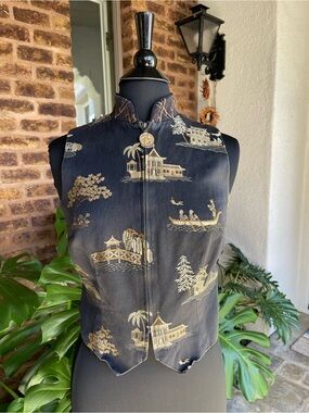 Women's Black Embroidered Mandarin-Collar Silk Vest